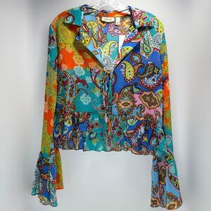 Willow Root Boho Paisley Tie Front Blouse Size Small Multi Long Sleeve